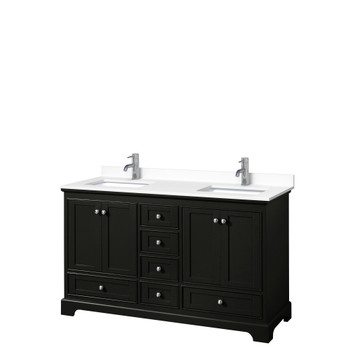 Deborah 60 Inch Double Bathroom Vanity In Dark Espresso, White Cultured Marble Countertop, Undermount Square Sinks, No Mirrors
