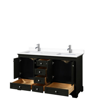 Deborah 60 Inch Double Bathroom Vanity In Dark Espresso, White Cultured Marble Countertop, Undermount Square Sinks, No Mirrors