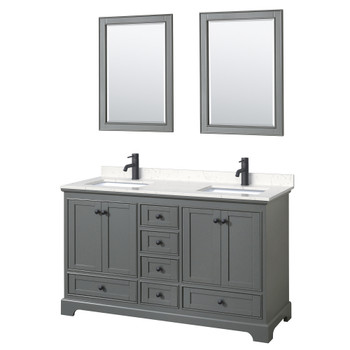 Deborah 60 Inch Double Bathroom Vanity In Dark Gray, Carrara Cultured Marble Countertop, Undermount Square Sinks, Matte Black Trim, 24 Inch Mirrors