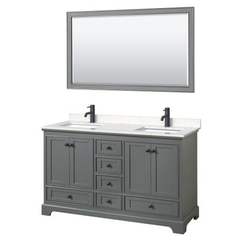 Deborah 60 Inch Double Bathroom Vanity In Dark Gray, Carrara Cultured Marble Countertop, Undermount Square Sinks, Matte Black Trim, 58 Inch Mirror