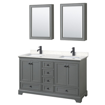 Deborah 60 Inch Double Bathroom Vanity In Dark Gray, Carrara Cultured Marble Countertop, Undermount Square Sinks, Matte Black Trim, Medicine Cabinets