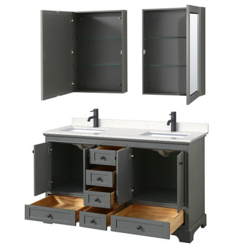 Deborah 60 Inch Double Bathroom Vanity In Dark Gray, Carrara Cultured Marble Countertop, Undermount Square Sinks, Matte Black Trim, Medicine Cabinets