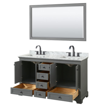 Deborah 60 Inch Double Bathroom Vanity In Dark Gray, White Carrara Marble Countertop, Undermount Square Sinks, Matte Black Trim, 58 Inch Mirror