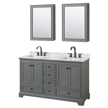 Deborah 60 Inch Double Bathroom Vanity In Dark Gray, White Carrara Marble Countertop, Undermount Square Sinks, Matte Black Trim, Medicine Cabinets