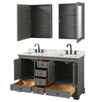 Deborah 60 Inch Double Bathroom Vanity In Dark Gray, White Carrara Marble Countertop, Undermount Square Sinks, Matte Black Trim, Medicine Cabinets