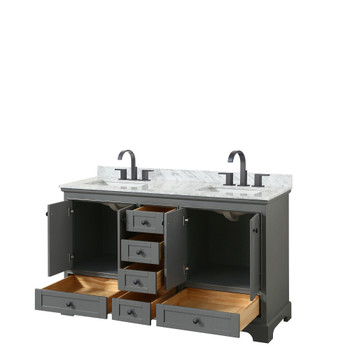 Deborah 60 Inch Double Bathroom Vanity In Dark Gray, White Carrara Marble Countertop, Undermount Square Sinks, Matte Black Trim