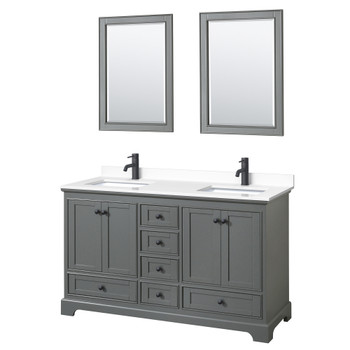 Deborah 60 Inch Double Bathroom Vanity In Dark Gray, White Cultured Marble Countertop, Undermount Square Sinks, Matte Black Trim, 24 Inch Mirrors