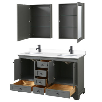 Deborah 60 Inch Double Bathroom Vanity In Dark Gray, White Cultured Marble Countertop, Undermount Square Sinks, Matte Black Trim, Medicine Cabinets