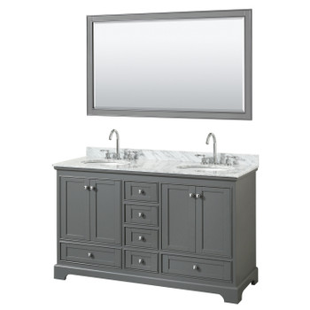 Deborah 60 Inch Double Bathroom Vanity In Dark Gray, White Carrara Marble Countertop, Undermount Oval Sinks, And 58 Inch Mirror