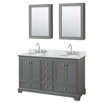 Deborah 60 Inch Double Bathroom Vanity In Dark Gray, White Carrara Marble Countertop, Undermount Oval Sinks, And Medicine Cabinets