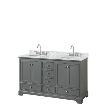 Deborah 60 Inch Double Bathroom Vanity In Dark Gray, White Carrara Marble Countertop, Undermount Oval Sinks, And No Mirrors