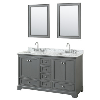 Deborah 60 Inch Double Bathroom Vanity In Dark Gray, White Carrara Marble Countertop, Undermount Square Sinks, And 24 Inch Mirrors