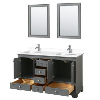 Deborah 60 Inch Double Bathroom Vanity In Dark Gray, White Cultured Marble Countertop, Undermount Square Sinks, 24 Inch Mirrors