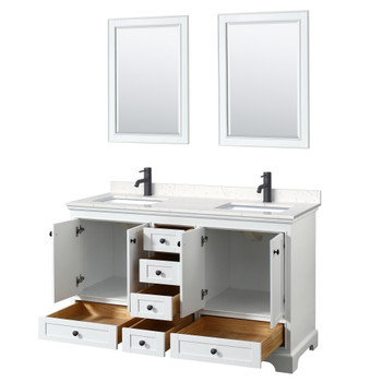 Deborah 60 Inch Double Bathroom Vanity In White, Carrara Cultured Marble Countertop, Undermount Square Sinks, Matte Black Trim, 24 Inch Mirrors