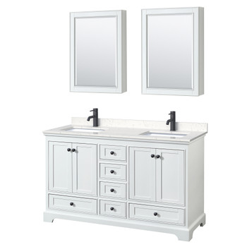 Deborah 60 Inch Double Bathroom Vanity In White, Carrara Cultured Marble Countertop, Undermount Square Sinks, Matte Black Trim, Medicine Cabinets