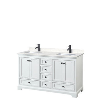 Deborah 60 Inch Double Bathroom Vanity In White, Carrara Cultured Marble Countertop, Undermount Square Sinks, Matte Black Trim