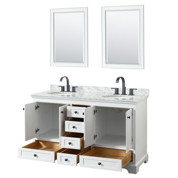 Deborah 60 Inch Double Bathroom Vanity In White, White Carrara Marble Countertop, Undermount Oval Sinks, Matte Black Trim, 24 Inch Mirrors