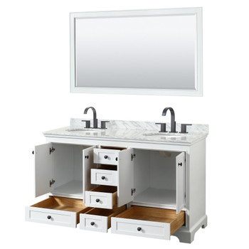 Deborah 60 Inch Double Bathroom Vanity In White, White Carrara Marble Countertop, Undermount Oval Sinks, Matte Black Trim, 58 Inch Mirror
