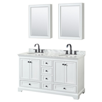 Deborah 60 Inch Double Bathroom Vanity In White, White Carrara Marble Countertop, Undermount Oval Sinks, Matte Black Trim, Medicine Cabinets