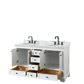 Deborah 60 Inch Double Bathroom Vanity In White, White Carrara Marble Countertop, Undermount Oval Sinks, Matte Black Trim