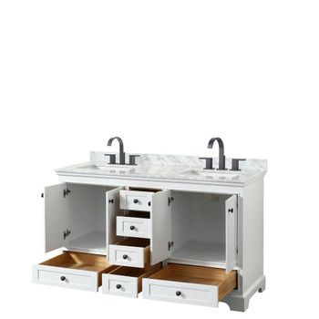 Deborah 60 Inch Double Bathroom Vanity In White, White Carrara Marble Countertop, Undermount Square Sinks, Matte Black Trim