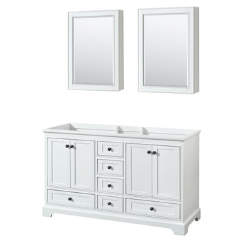 Deborah 60 Inch Double Bathroom Vanity In White, No Countertop, No Sinks, Matte Black Trim, Medicine Cabinets