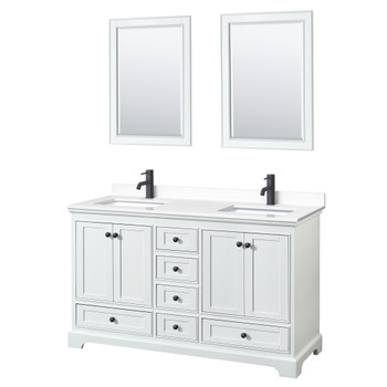 Deborah 60 Inch Double Bathroom Vanity In White, White Cultured Marble Countertop, Undermount Square Sinks, Matte Black Trim, 24 Inch Mirrors
