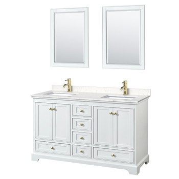 Deborah 60 Inch Double Bathroom Vanity In White, Carrara Cultured Marble Countertop, Undermount Square Sinks, Brushed Gold Trim, 24 Inch Mirrors