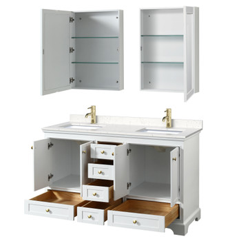 Deborah 60 Inch Double Bathroom Vanity In White, Carrara Cultured Marble Countertop, Undermount Square Sinks, Brushed Gold Trim, Medicine Cabinets