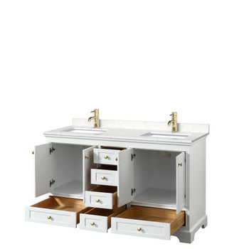 Deborah 60 Inch Double Bathroom Vanity In White, Carrara Cultured Marble Countertop, Undermount Square Sinks, Brushed Gold Trim, No Mirrors