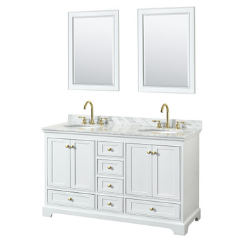 Deborah 60 Inch Double Bathroom Vanity In White, White Carrara Marble Countertop, Undermount Oval Sinks, Brushed Gold Trim, 24 Inch Mirrors