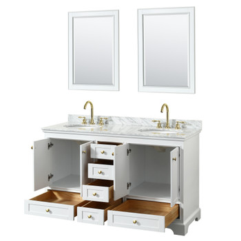 Deborah 60 Inch Double Bathroom Vanity In White, White Carrara Marble Countertop, Undermount Oval Sinks, Brushed Gold Trim, 24 Inch Mirrors