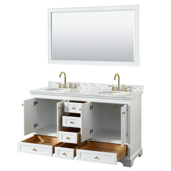Deborah 60 Inch Double Bathroom Vanity In White, White Carrara Marble Countertop, Undermount Oval Sinks, Brushed Gold Trim, 58 Inch Mirror