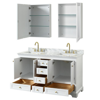 Deborah 60 Inch Double Bathroom Vanity In White, White Carrara Marble Countertop, Undermount Square Sinks, Brushed Gold Trim, Medicine Cabinets
