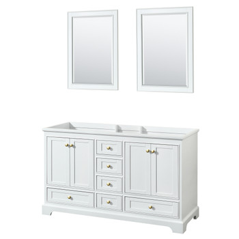 Deborah 60 Inch Double Bathroom Vanity In White, No Countertop, No Sinks, Brushed Gold Trim, 24 Inch Mirrors
