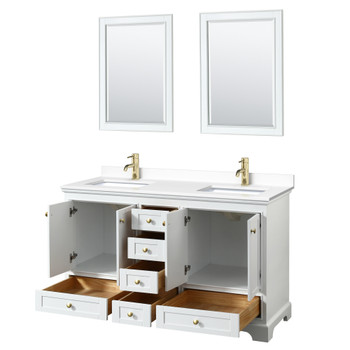 Deborah 60 Inch Double Bathroom Vanity In White, White Cultured Marble Countertop, Undermount Square Sinks, Brushed Gold Trim, 24 Inch Mirrors