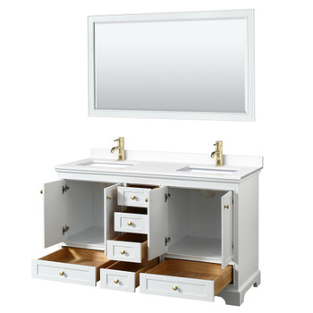 Deborah 60 Inch Double Bathroom Vanity In White, White Cultured Marble Countertop, Undermount Square Sinks, Brushed Gold Trim, 58 Inch Mirror