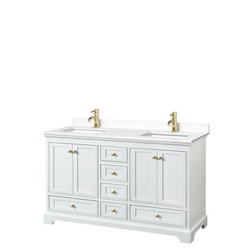 Deborah 60 Inch Double Bathroom Vanity In White, White Cultured Marble Countertop, Undermount Square Sinks, Brushed Gold Trim, No Mirrors