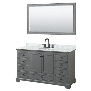 Deborah 60 Inch Single Bathroom Vanity In Dark Gray, White Carrara Marble Countertop, Undermount Oval Sink, Matte Black Trim, 58 Inch Mirror