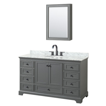 Deborah 60 Inch Single Bathroom Vanity In Dark Gray, White Carrara Marble Countertop, Undermount Oval Sink, Matte Black Trim, Medicine Cabinet