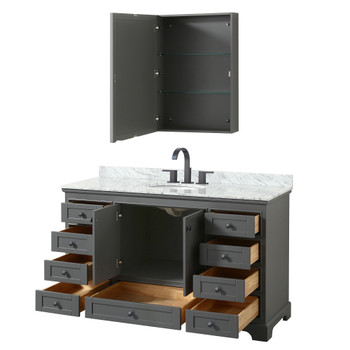 Deborah 60 Inch Single Bathroom Vanity In Dark Gray, White Carrara Marble Countertop, Undermount Oval Sink, Matte Black Trim, Medicine Cabinet