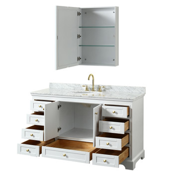 Deborah 60 Inch Single Bathroom Vanity In White, White Carrara Marble Countertop, Undermount Oval Sink, Brushed Gold Trim, Medicine Cabinet