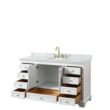 Deborah 60 Inch Single Bathroom Vanity In White, White Carrara Marble Countertop, Undermount Oval Sink, Brushed Gold Trim, No Mirror