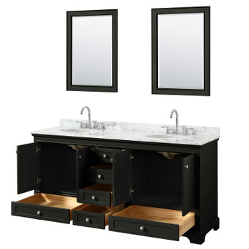 Deborah 72 Inch Double Bathroom Vanity In Dark Espresso, White Carrara Marble Countertop, Undermount Oval Sinks, And 24 Inch Mirrors