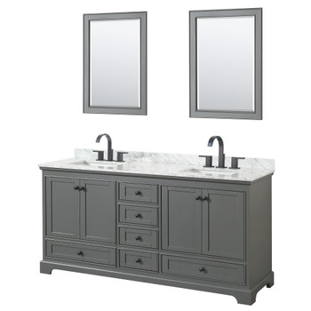 Deborah 72 Inch Double Bathroom Vanity In Dark Gray, White Carrara Marble Countertop, Undermount Square Sinks, Matte Black Trim, 24 Inch Mirrors