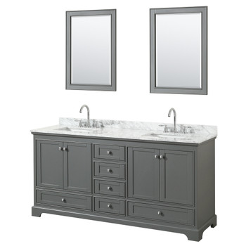 Deborah 72 Inch Double Bathroom Vanity In Dark Gray, White Carrara Marble Countertop, Undermount Square Sinks, And 24 Inch Mirrors