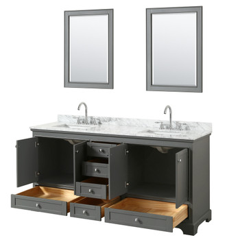 Deborah 72 Inch Double Bathroom Vanity In Dark Gray, White Carrara Marble Countertop, Undermount Square Sinks, And 24 Inch Mirrors