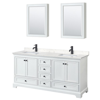 Deborah 72 Inch Double Bathroom Vanity In White, Carrara Cultured Marble Countertop, Undermount Square Sinks, Matte Black Trim, Medicine Cabinets