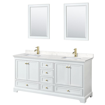 Deborah 72 Inch Double Bathroom Vanity In White, Carrara Cultured Marble Countertop, Undermount Square Sinks, Brushed Gold Trim, 24 Inch Mirrors
