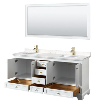 Deborah 72 Inch Double Bathroom Vanity In White, Carrara Cultured Marble Countertop, Undermount Square Sinks, Brushed Gold Trim, 70 Inch Mirror